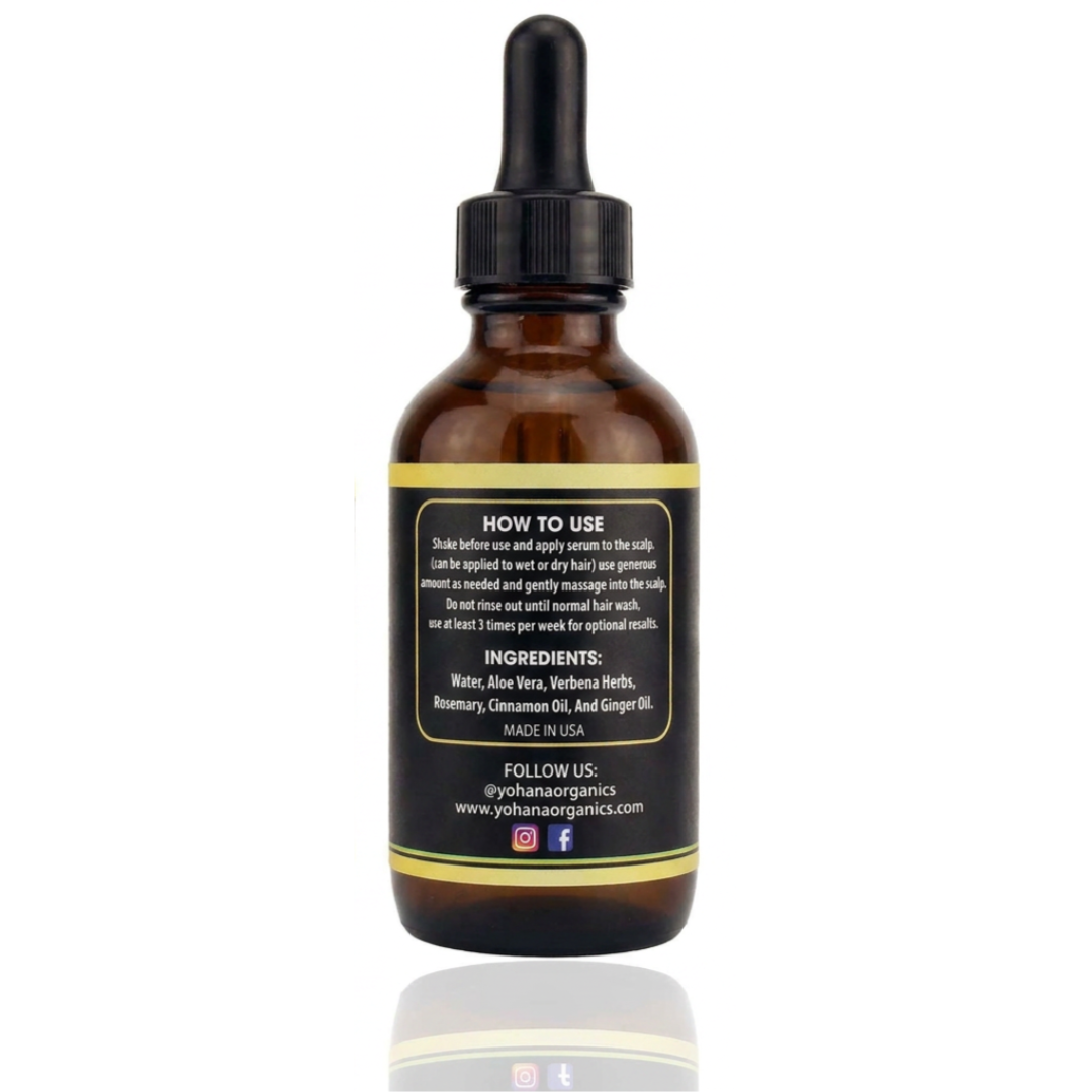 Back label of Yohana's Hair Growth Serum 2oz with ingredients