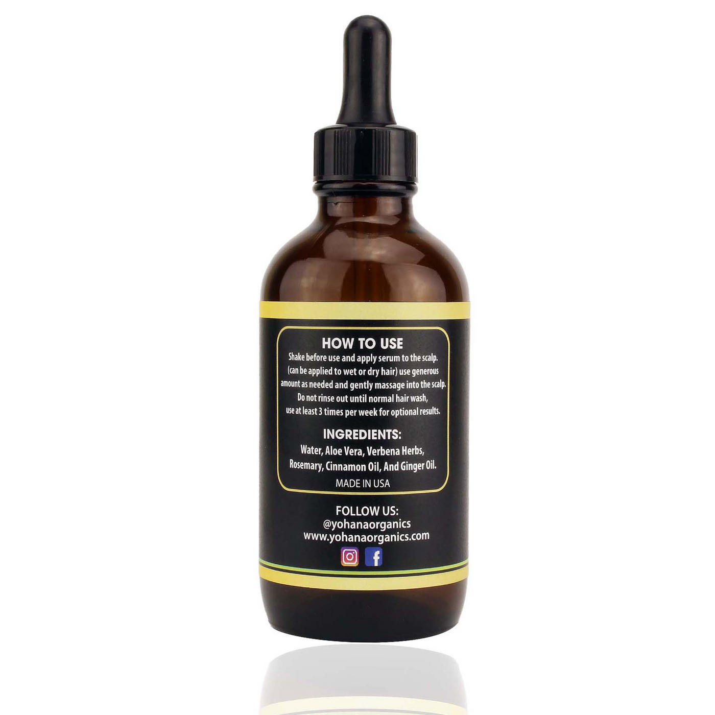 Back label of Yohana's Hair Growth Serum 4oz showing plant-based ingredients